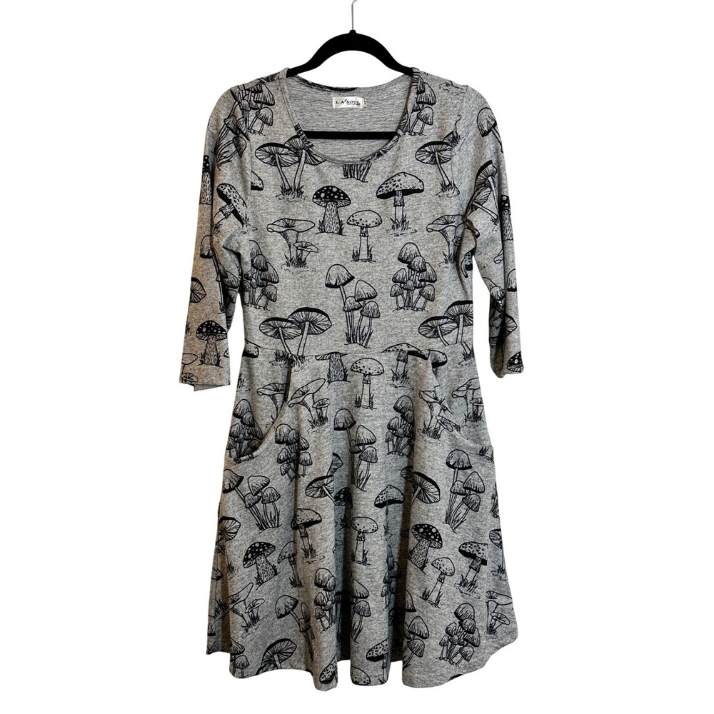 LA Soul Knit Fit & Flare Dress Size M‎ Gray Black Botanical 3/4 Sleeve Pockets